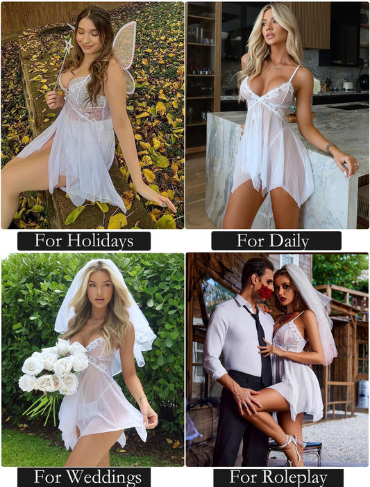 Avidlove Wedding Lingerie for Bride Lace Babydoll Sexy Lace Sleepwear for Women White