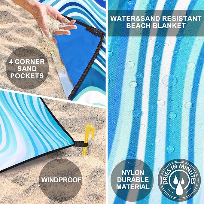 Beach Blanket Waterproof Sandproof Beach Mat 79" X 83"/10'x9'for 2-8 Adults Quick Drying Outdoor Picnic Mat Beach Accessories for Travel, Camping, Hiking