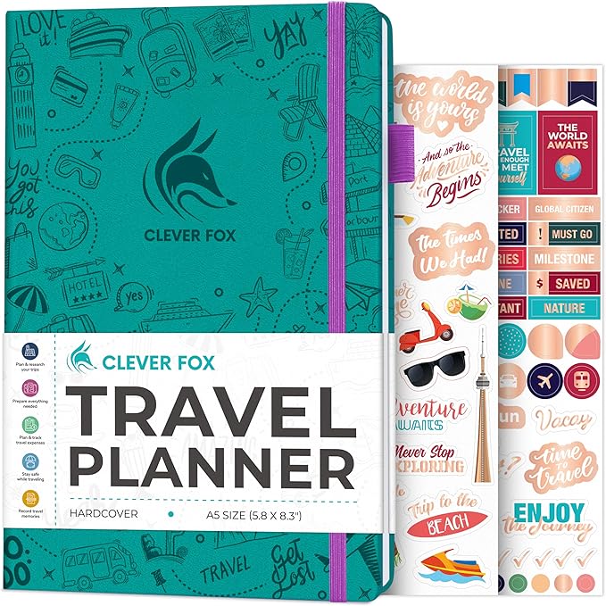 Clever Fox Travel Journal – Vacation & Trip Organizer with Budget Plan, Packing List, Travelling Expense Tracker, A5 (Turquoise)