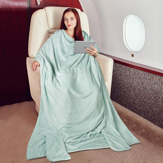 Tirrinia Travel Blanket Airplane Compact with Bag, Soft& Lightweight Wearable Blanket with Foot Pockets for Women Men Adults, Warm Snuggle Blanket, Airplane Travel Essentials,Travel Gifts for Her,Aqua