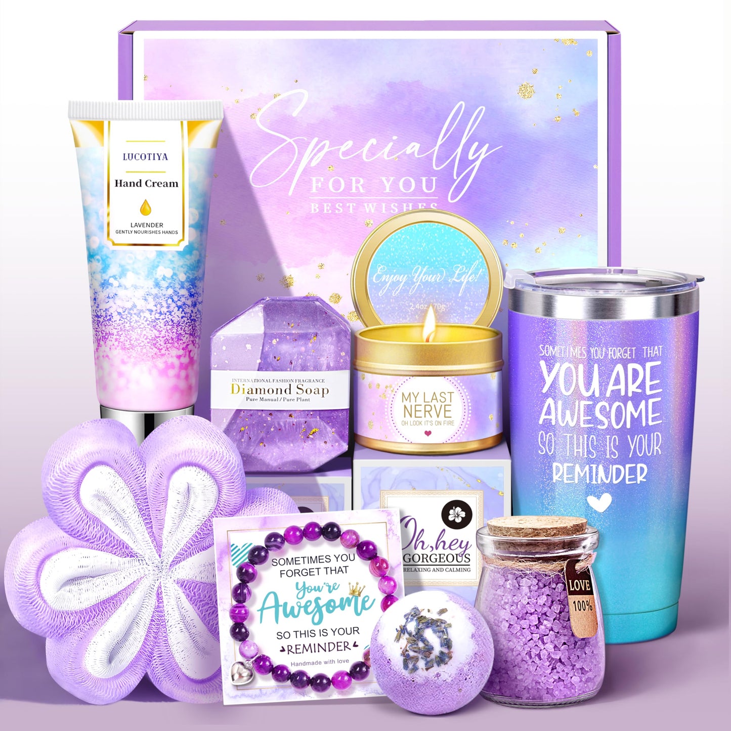 Gifts for Women, Birthday Gifts for Women, Sister, Wife, Teacher, 9pcs Lavender Care Package Gifts Set, Get Well Soon Gifts for Woman, Thinking of You Gift ,Christmas Gift Sets for Her