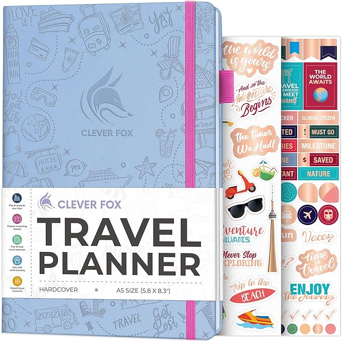 Clever Fox Travel Journal – Vacation & Trip Organizer with Budget Plan, Packing List, Travelling Expense Tracker, A5 (Periwinkle)
