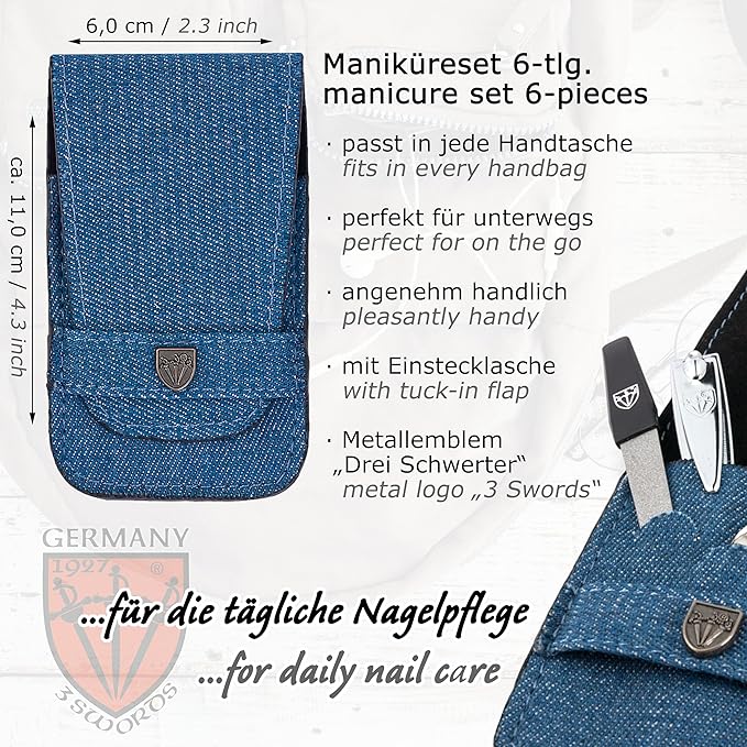 3 Swords Germany - brand quality 6 piece manicure pedicure grooming kit set for professional nail care with jeans textile case - Made in Germany