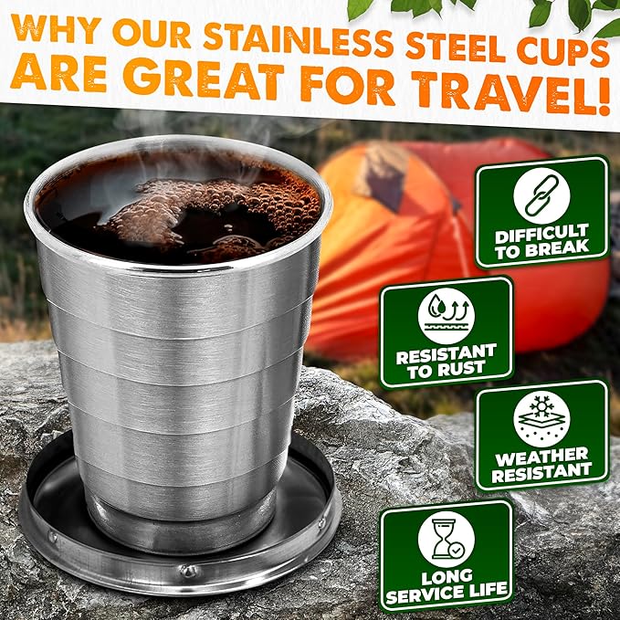 Collapsible Shot Glass with Lid - 2.5Oz (75ml) Stainless Steel Travel Shot Glasses, Rust & Bend Resistant, Keychain for Easy Portability - Collapsible Cups for Traveling, Fishing, Camping