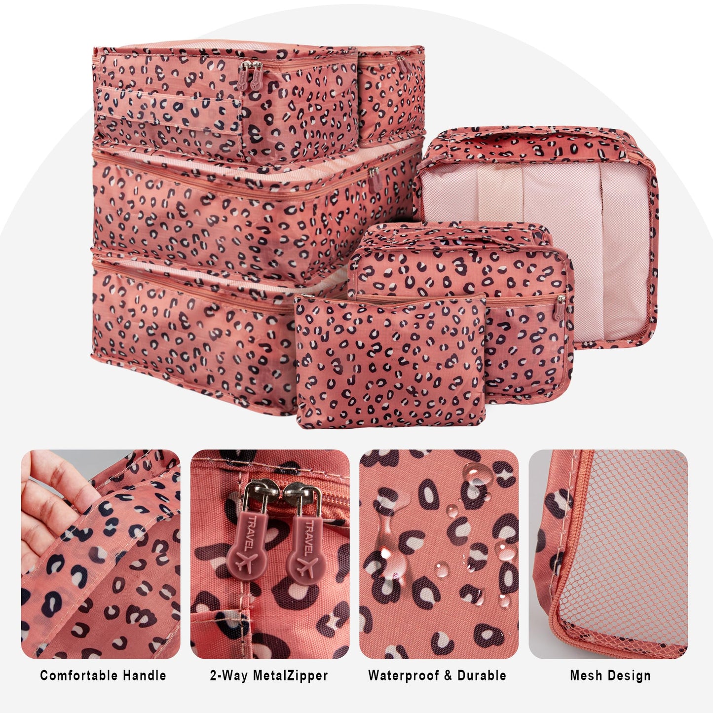 Vercord 7 Set Travel Packing Organizers Cubes Luggage Suitcase Organizer Bags Clothes Underwear Cube Shoe Pouch Pack Pink Leopard