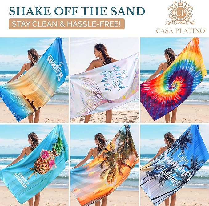 Casa Platino Microfiber Beach Towel 6 Pack – Extra Large 71"x32" Sand Free, Quick Dry Towels with Double-Sided Prints, Lightweight & Soft, Perfect Beach Towels for Girls, Travel & Camping – Marsa