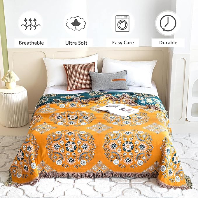 Boho Throw Blanket for Bed 100% Cotton Ultra Soft Rustic Quilt Floral Printed Farmhouse Decor Bed Fall Blanket,60"×80" All Season Rustic Large Throw for Sofa Couch Chair