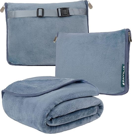 PAVILIA Travel Blanket Pillow, Soft Airplane Blanket 2-IN-1 Combo Set, Plane Blanket Compact Packable, Flight Essentials Car Pillow, Travelers Gift Accessories Luggage Backpack Strap, 60x43 Slate Blue