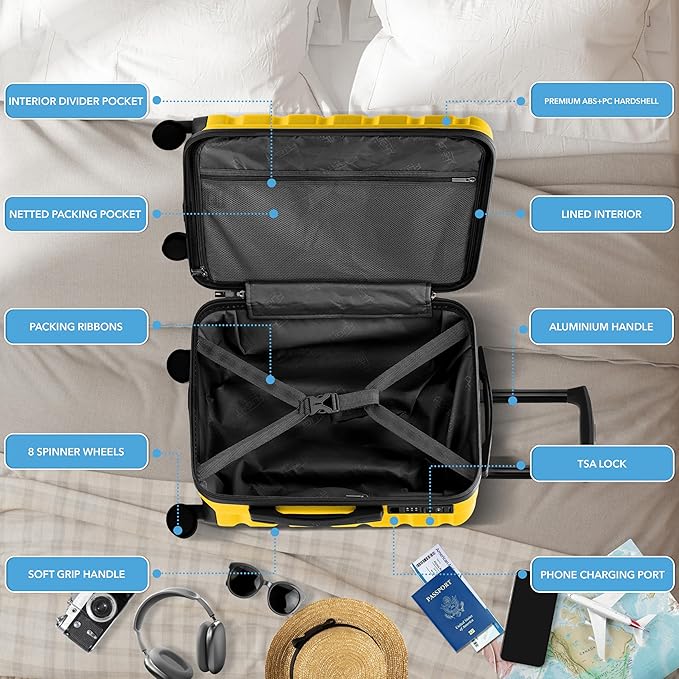 Carry On Suitcase Hardside Built In TSA Lock & USB Port Silent Double Spinner Wheels Maximum Overhead Carry-On Bag For American & United Approved Airlines( 22x14x9" ,Yellow )