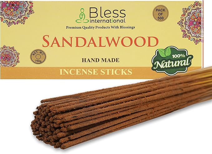 Bless-Sandalwood 100%-Natural-Handmade-Hand-Dipped-Incense-Sticks Organic-Chemicals-Charcoal-Free Purification-Relaxation-Positivity-Yoga-Meditation Best-Woods-Scent (500 Sticks (26 OZ))