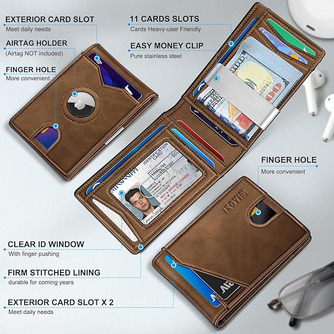 Airtag Wallet for Men,with Money Clip 11 Cards Slim Front Pocket Leather RFID Blocking Wallet with Gift Box