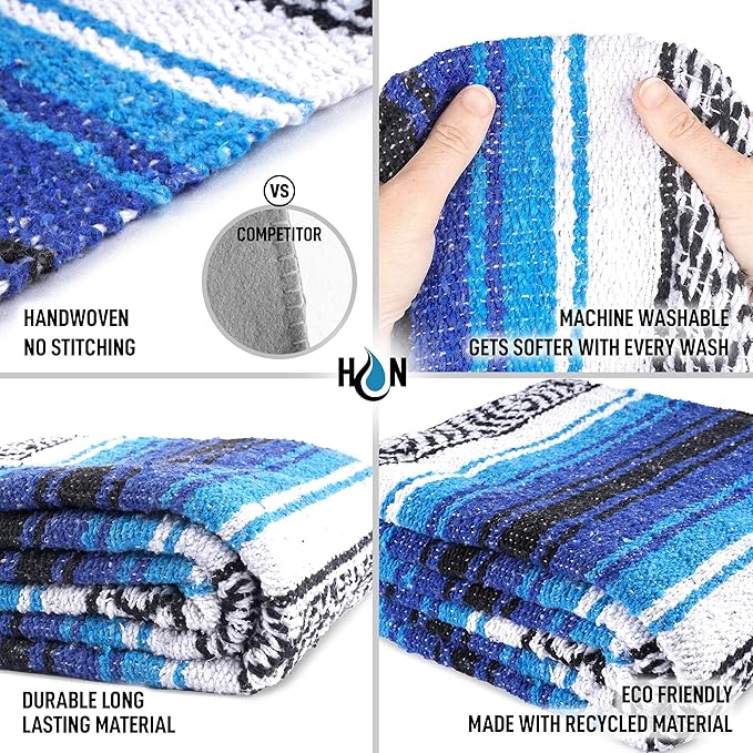 Authentic Extra Large Mexican Blanket - Handwoven Yoga, Serape, Artisanal Falsa, Beach, Camping, Picnic, Outdoor Blanket (King Turquoise)