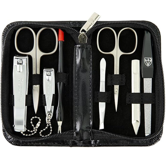 3 Swords Germany – brand quality 8 piece manicure pedicure grooming kit set for professional nail care with synthetic leather case black - Made in Germany