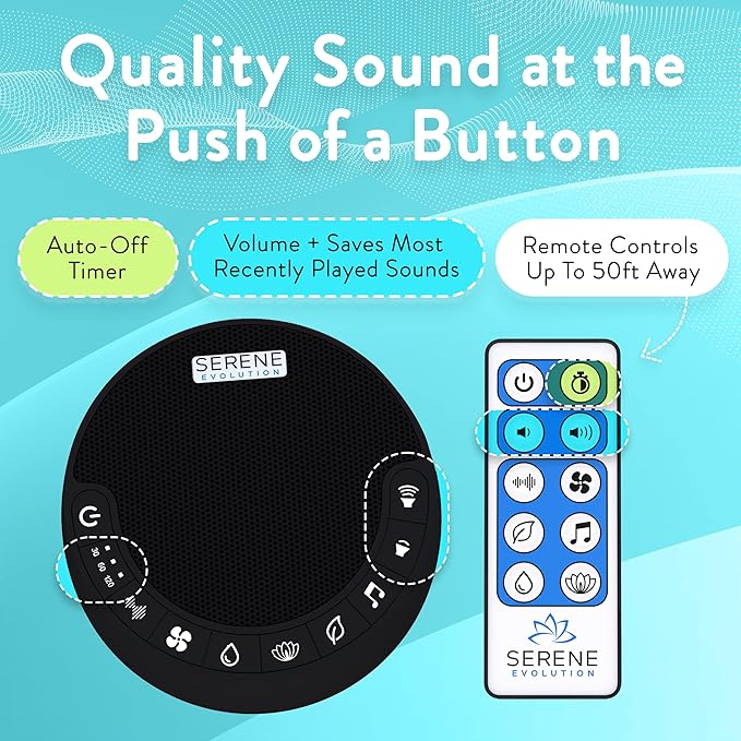 Serene Evolution White Noise Machine for Adults Sleeping - Sound Machine for Sleep with 60 Soothing Sounds of Ocean, Fan, Rain, and More - Noise Machine for Office Privacy and Baby Sleep Aid - Black