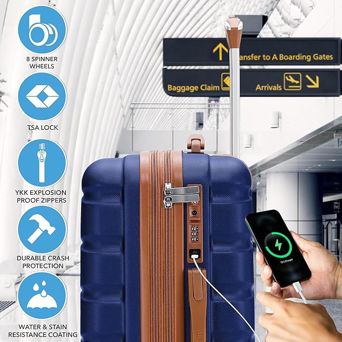 Carry On Suitcase Hardside Built In TSA Lock & USB Port Silent Double Spinner Wheels Maximum Overhead Carry-On Bag For American & United Approved Airlines( 22x14x9" ,Navy/Tan )