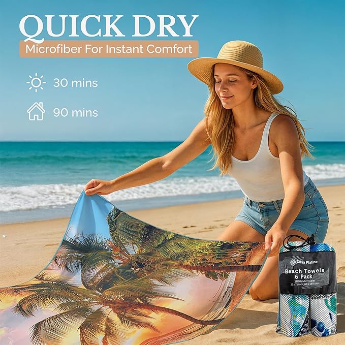 Casa Platino 6 Pack Beach Towels – Extra Large 71"x32" Sand Free Quick Dry Microfiber, Lightweight & Soft, Double-Sided Prints, Ideal Bachelorette Beach Towels for Travel & Vacation – Lorne