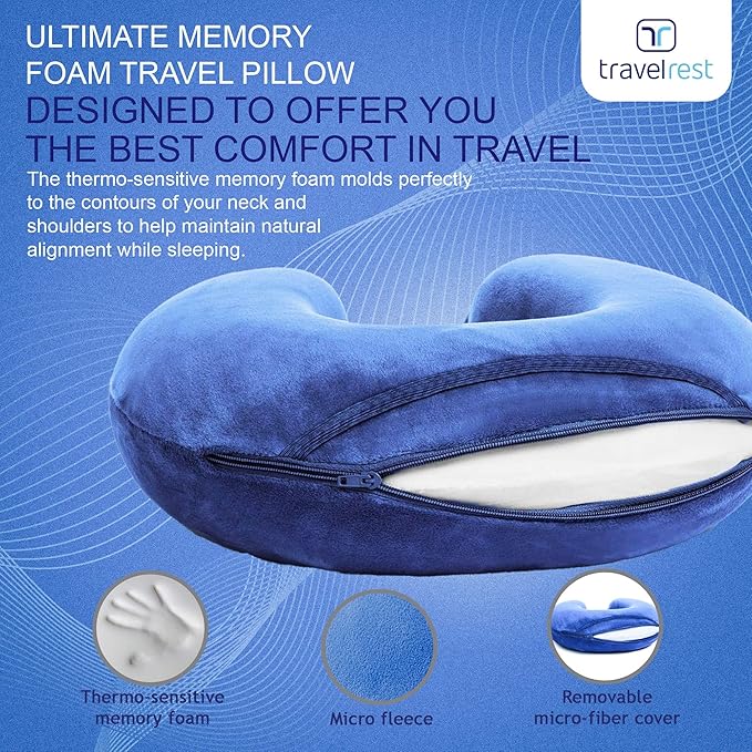 TRAVELREST Travel Essential Neck Pillow Curl - Memory Foam, Washable Micro-Fiber Cover, Soft and Comfortable Head Support for Long Flights, Compact, Attaches to Luggage, Airplanes, Cars, Bus - Blue