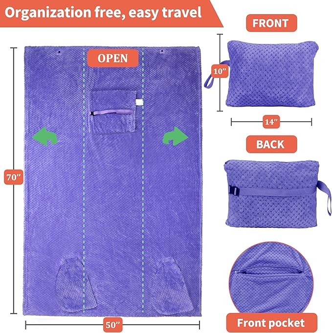 Tirrinia Travel Blanket Airplane Compact with Bag, Soft& Lightweight Wearable Blanket with Foot Pockets for Women Men Adults, Warm Snuggle Blanket, Airplane Travel Essentials, Travel Gifts for Her,