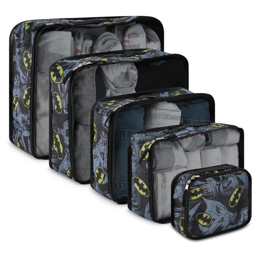 DC Comics Batman Packing Cube Set - Batman, Robin, Superman, Joker - 5 Piece Packing Cube Travel Essential - Luggage Organizer Set - For Kids,Teens,Adults