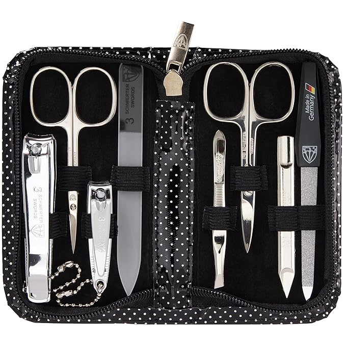 3 Swords Germany - brand quality 8 piece manicure pedicure grooming kit set synthetic leather case black silver spots - Made in Germany