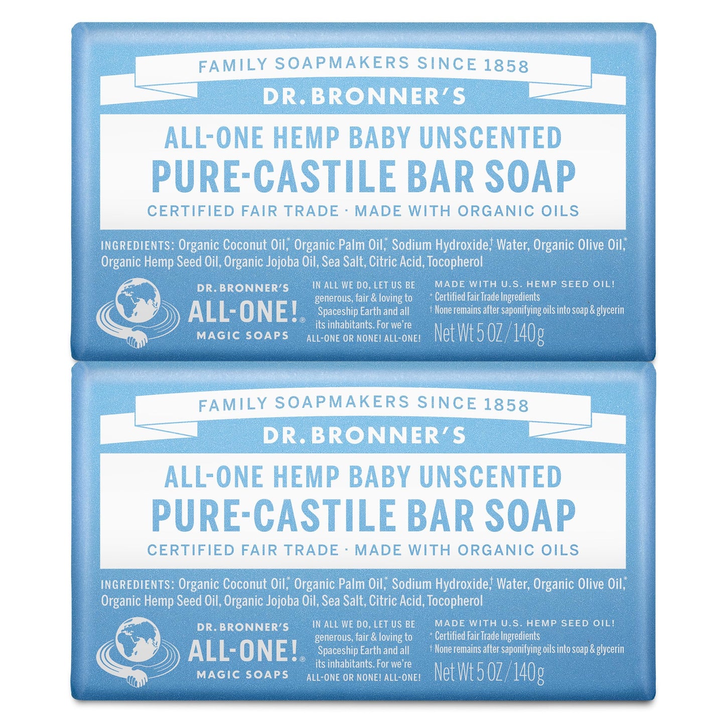 Dr. Bronner's Pure-Castile Baby Unscented Magic Bar Soaps - Made with Regenerative Organic Certified Oils - For Face, Hand, Hair Gentle on Sensitive Skin - Soap Bars for Men & Women -2 Pack, 10 oz