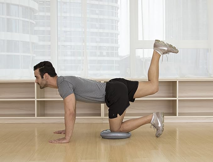 JFIT Inflatable Balance and Stability Disc - Large Yoga Wobble Cushion Trainer with Pump - Core Fitness and Workout Equipment Discs for Home - Office Chair, Ankle Strength Training and Dog or Pet Activity, Blue, 13-Inch