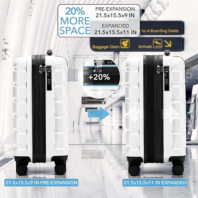 Carry On Suitcase Hardside TSA Lock & USB Port Silent Double Spinner Wheels Maximum Carry-On Bag For Canada Air Approved Airlines( 21.5x15.5x9" ,White )