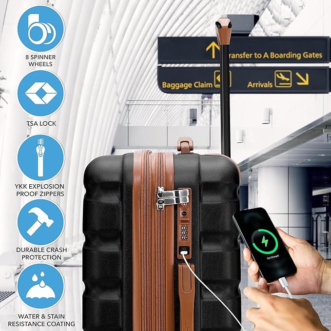 Carry On Suitcase Hardside TSA Lock & USB Port Silent Double Spinner Wheels Maximum Overhead Carry-On Bag Approved For Many Airlines( 22x18x10" ,Black/Tan )