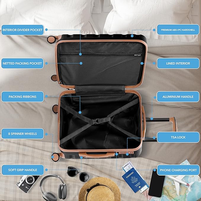 Carry On Suitcase Hardside TSA Lock & USB Port Silent Double Spinner Wheels Maximum Overhead Carry-On Bag Approved For Many Airlines( 22x18x10" ,Black/Tan )