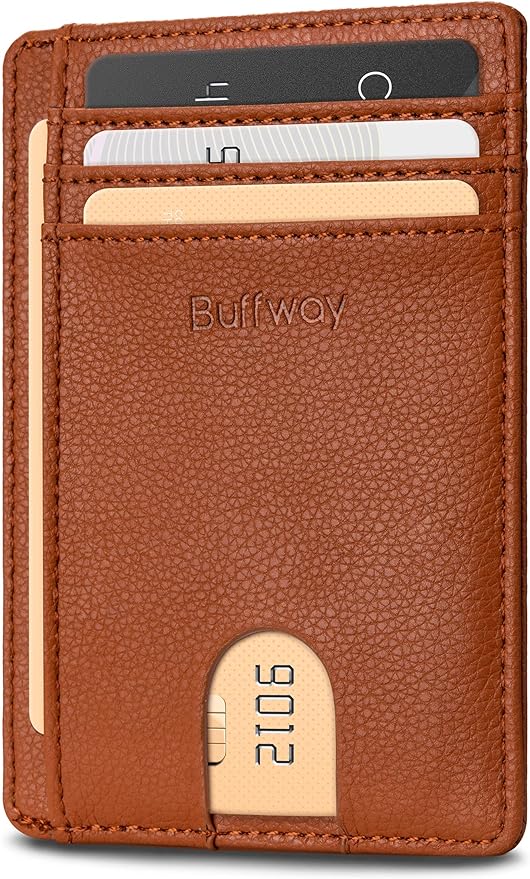 Buffway Slim Minimalist Front Pocket RFID Blocking Leather Wallets for Men and Women - Lichee Light Brown
