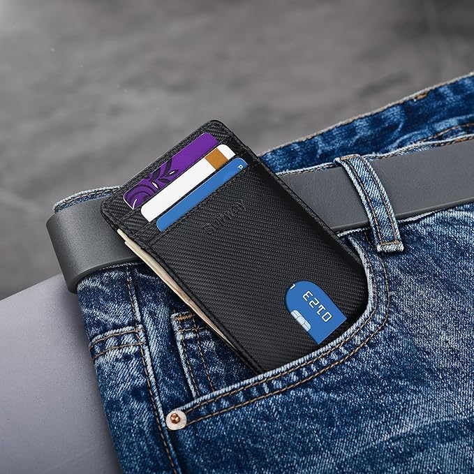 Buffway Mens Slim Wallet, Minimalist Thin Front Pocket Leather Credit Card Holder with RFID Blocking for Work Travel