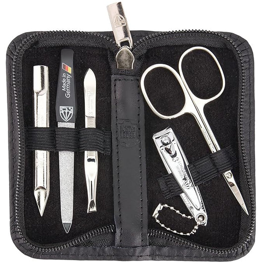 3 Swords Germany - brand quality 5 piece manicure pedicure grooming kit set for professional finger & toe nail care scissors clipper genuine leather black case in gift box, Made in Germany