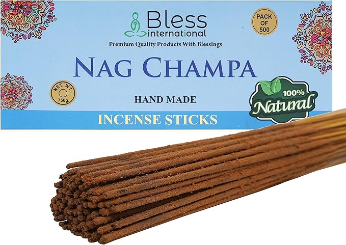 Bless-Nag-Champa 100%-Natural-Handmade-Hand-Dipped-Incense-Sticks Organic-Chemicals-Charcoal-Free Purification-Relaxation-Positivity-Yoga-Meditation Best-Woods-Scent (500 Sticks (26 OZ))