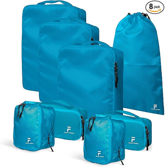 8 Piece Compression Packing Cubes Set - Double Capacity Design for Travel - Small, Medium & Large Sizes - Carry-On Suitcase Organizer Bags (Turquoise)