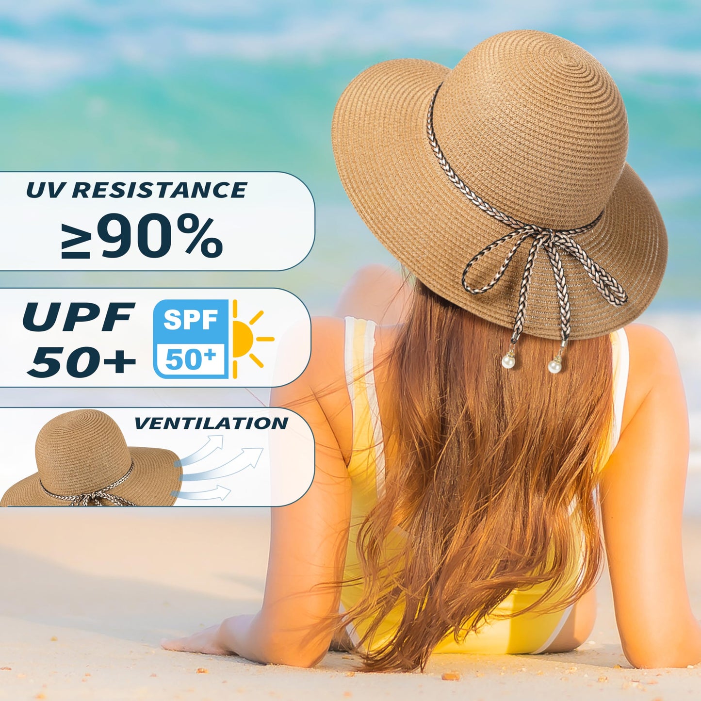 Womens Beach Sun Straw Hat - UV Protection UPF 50+ Sun Hats for Women with Wide Brim, Foldable Floppy Straw Beach Hat for Women