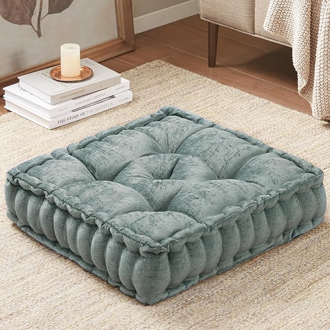 Intelligent Design Azza Floor Pillow, Large Cushions Sitting for Adults, Floor Pillow for Meditation or Yoga, Lustrous Chenille Tufted with Scalloped Edges for Bench/Chair Cushion, 20"x20"x5" Aqua