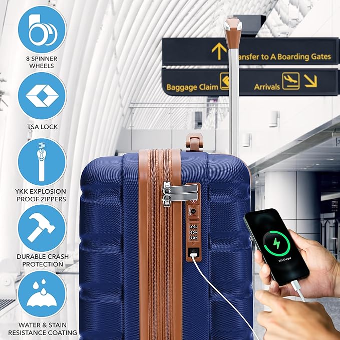 Carry On Suitcase Hardside TSA Lock & USB Port Silent Double Spinner Wheels Maximum Carry-On Bag For Canada Air Approved Airlines( 21.5x15.5x9" ,Navy/Tan )