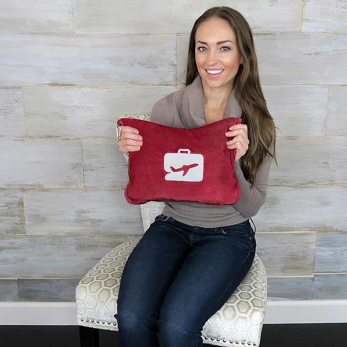 EverSnug Travel Blanket and Pillow - Ultra-Soft, Compact & Lightweight, 65x40 Inches, with Carry Case, Luggage Sleeve & Backpack Clip for Airplane Comfort (Burgundy)