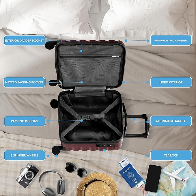 Carry On Suitcase Hardside Built In TSA Lock & USB Port Silent Double Spinner Wheels Maximum Underseat Carry-On Bag For American & United Approved Airlines( 18x14x8" ,Burgundy )