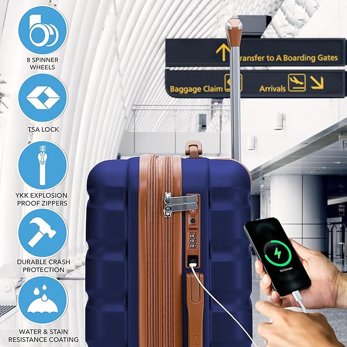 Carry On Suitcase Hardside TSA Lock & USB Port Silent Double Spinner Wheels Maximum Overhead Carry-On Bag Approved For Many Airlines( 22x18x10" ,Navy/Tan )