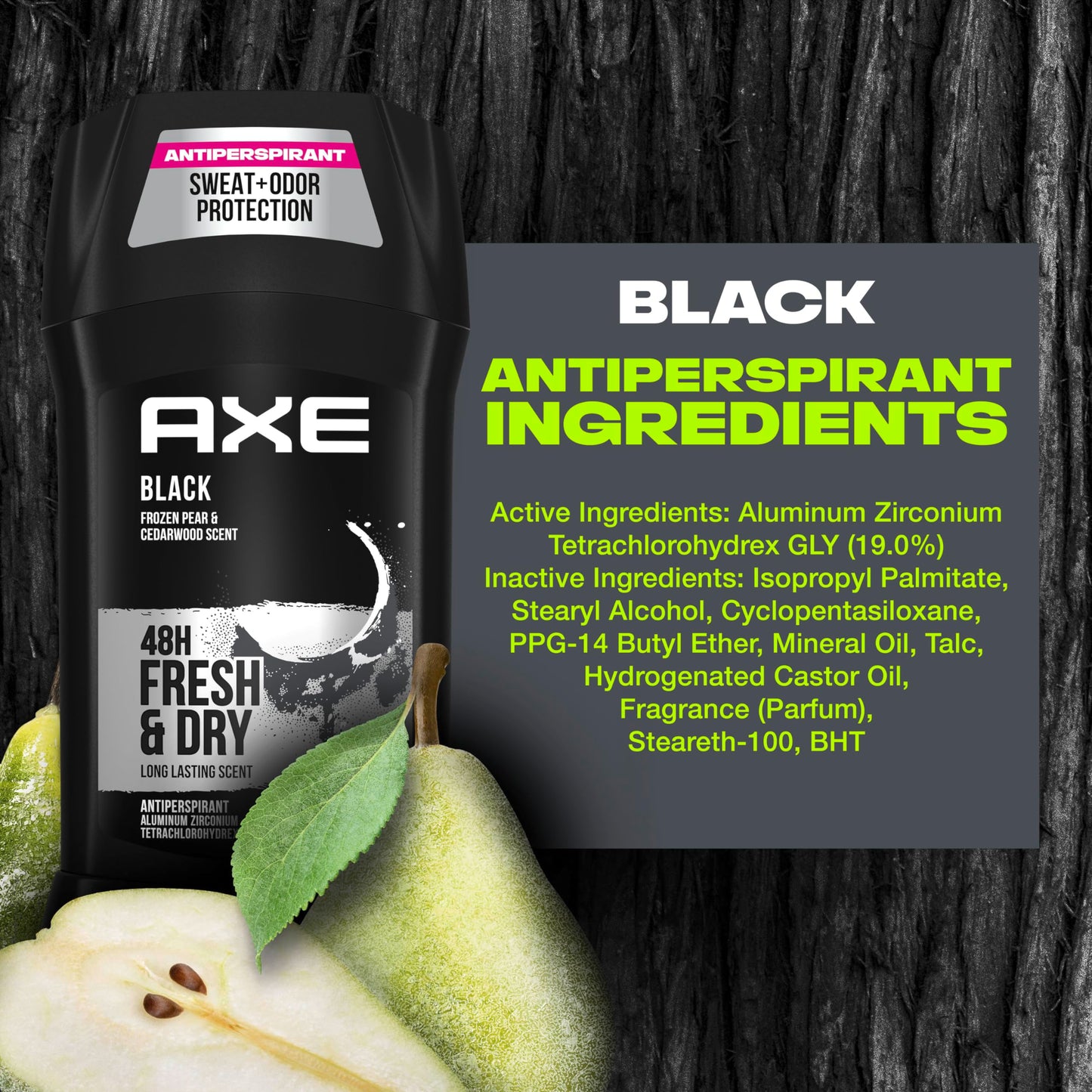 AXE Antiperspirant Stick for Men Black Pack of 4, 48 Hour Sweat and Odor Protection for Long Lasting Freshness, Frozen Pear & Cedarwood Men's Deodorant 2.7 oz