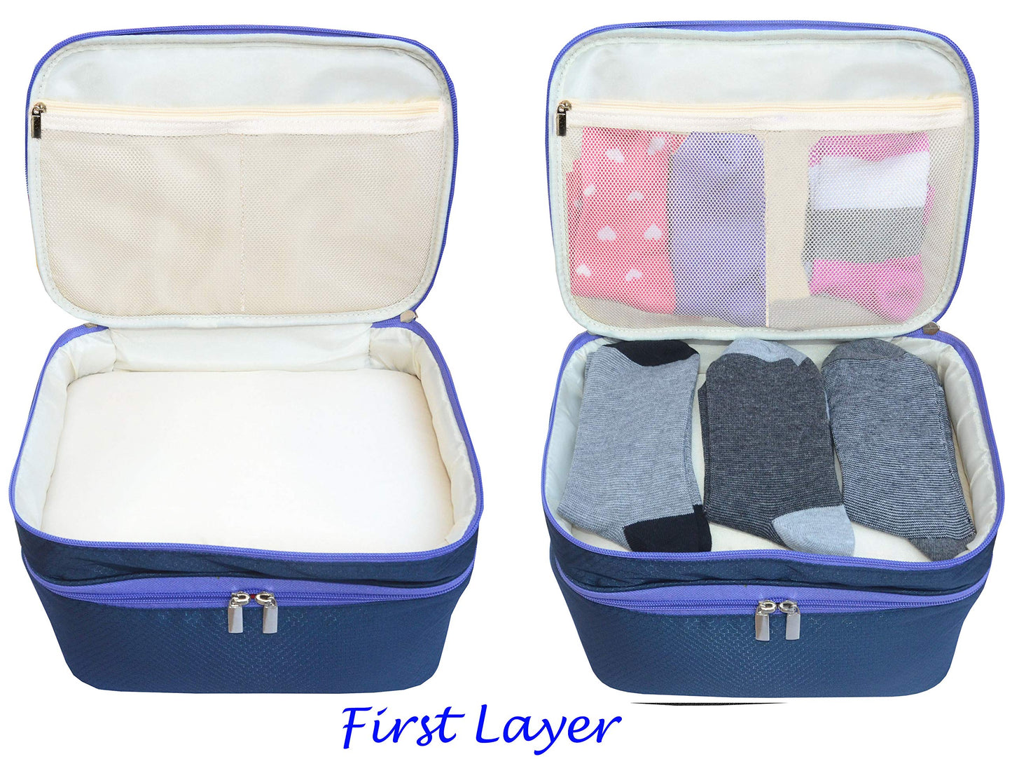 Travel Organizer Underwear Bag - Large Double Layer Packing Storage Bag - Fits Large Bra, Socks, Underpants, Cosmetic, Toiletry kit (Dark Blue)