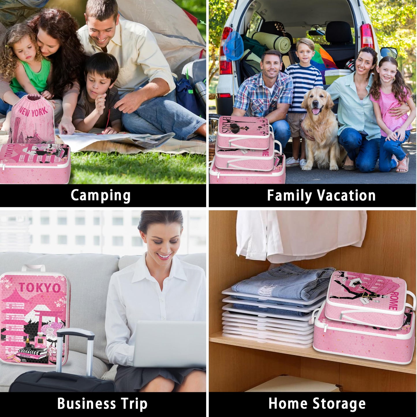 Compression Packing Cubes for Travel, 6 Set Pink Fashion Luxury Girly Luggage Organizers, Lightweight Waterproof Expandable/Compression Bags Smell Proof Travel Packing Cubes for Suitcases