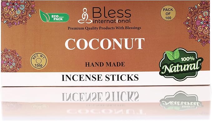 Bless-Coconut 100%-Natural-Handmade-Hand-Dipped-Incense-Sticks Organic-Chemicals-Charcoal-Free Purification-Relaxation-Positivity-Yoga-Meditation Best-Woods-Scent (100 Sticks(5.25 OZ))