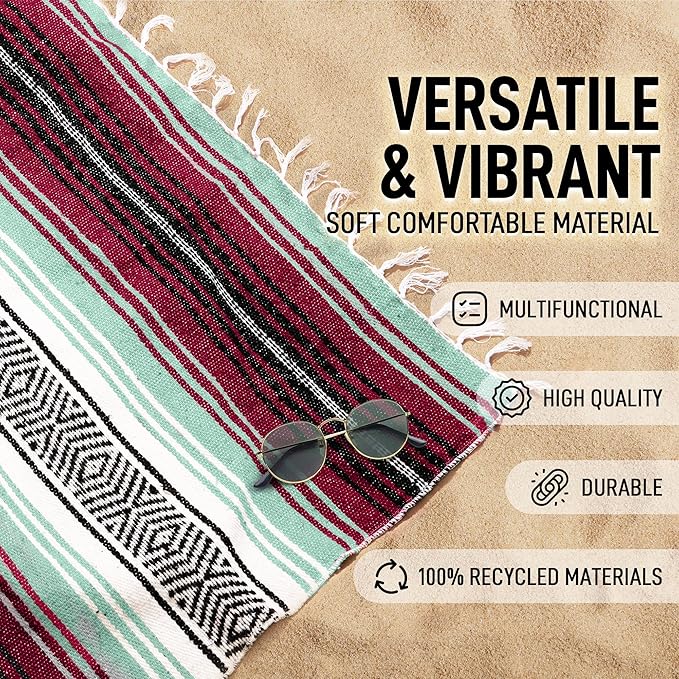 Authentic Large Handwoven Mexican Blanket - Soft Yoga- Durable Serape- Lightweight Falsa, Beach, Camping, Picnic, Outdoor Blanket 70"x50" - Miami Vice