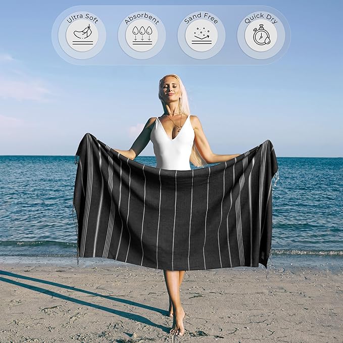 Black Turkish Beach Towel – Absorbent & Quick Dry, Oversized (39” x 71”), Decorative, Lightweight, and Functional, Great as a Yoga Blanket, Beach Blanket, or Cruise, and Gym Towel