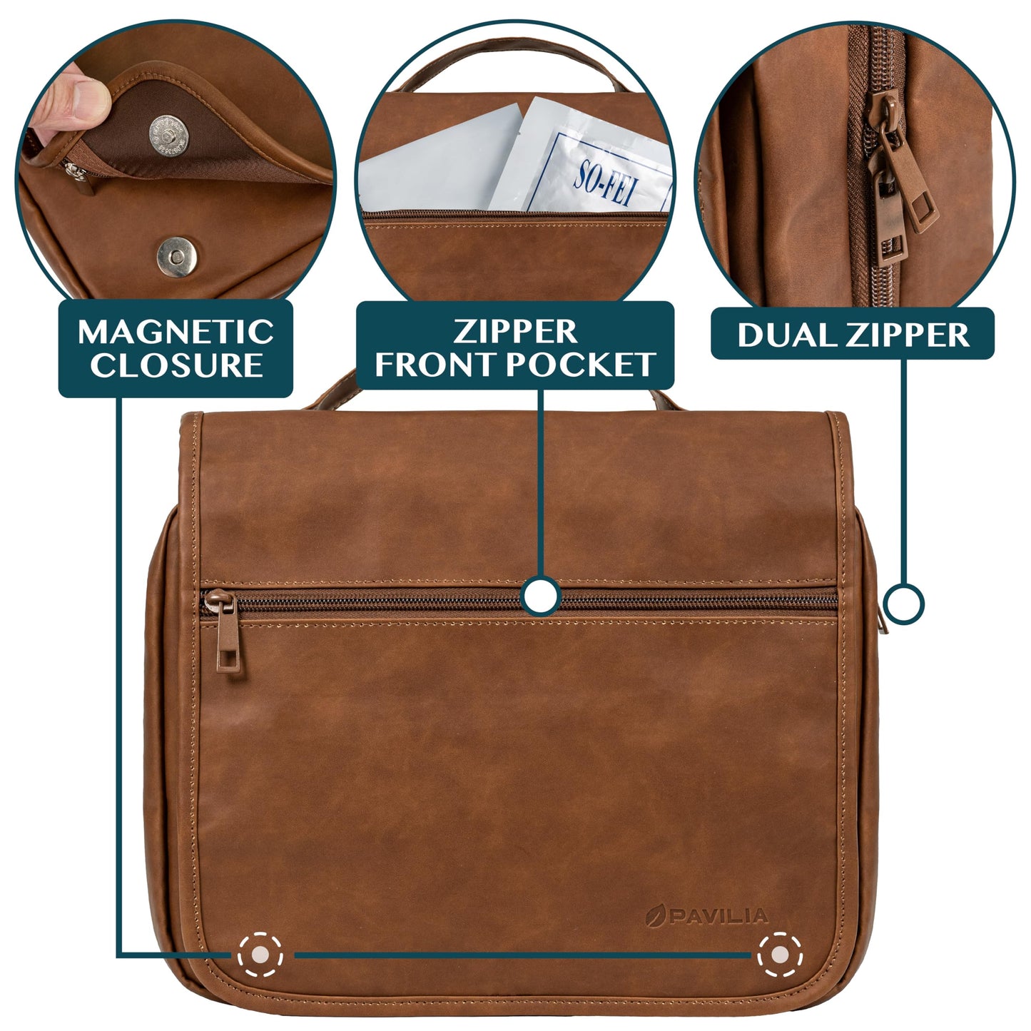 PAVILIA Hanging Toiletry Bag Women Men, Foldable Cosmetic Organizer Travel Bag, Water Resistant Makeup Bag Toiletries, Large Travel Essentials Kit (Brown)