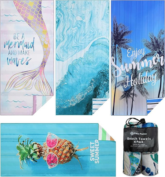 Casa Platino Beach Towel Set of 4 – Extra Large 32"x71" Microfiber Pool Towels, Quick Dry and Sand Free with Mesh Bag, Dual Side Printed, Lightweight Travel & Beach Essentials for Women – Byron Bay