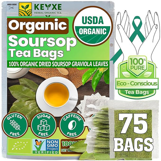 KEYXE - USDA Organic Soursop Graviola Leaves Tea 75 Bags. Non-GMO Verified , 100% Organic Soursop Leaves for Digestion, Boosting Immune, Improving Sleep & Skin Health, Gluten Free, Caffein Free , Hojas De Guanabana Tea Organica, Eco-Conscious Tea Bags