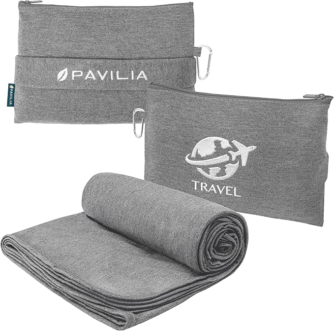 PAVILIA Soft Travel Blanket, Compact Airplane Blanket in Bag, Portable Blanket Pillow Set, Lightweight and Packable Plane Flight Car Trips Travel Home Office Gift Accessories, Gray, 65x40 inches
